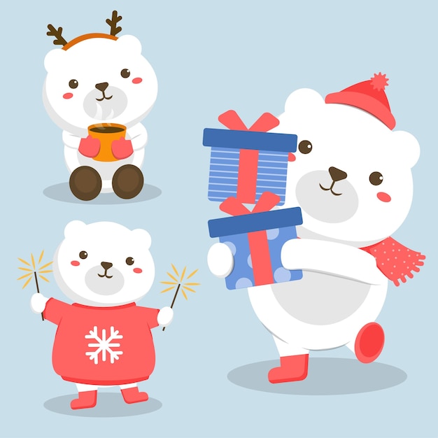 Animal Character Set with White Bear and Fireworks