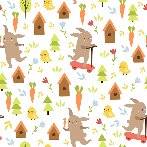 animal doodle pattern, hare, chicken