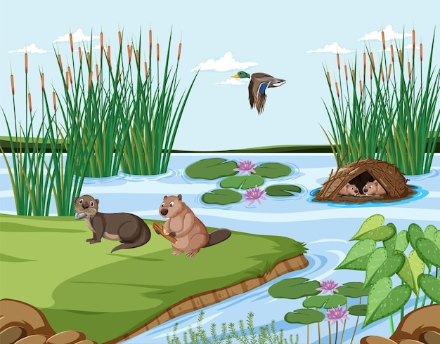 Free Vector animal living on nature wet scene