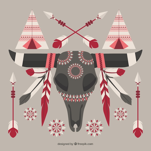 Free Vector animal skull and other items in boho style