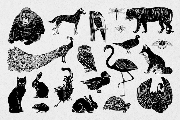 Animals black linocut stencil pattern drawing collection