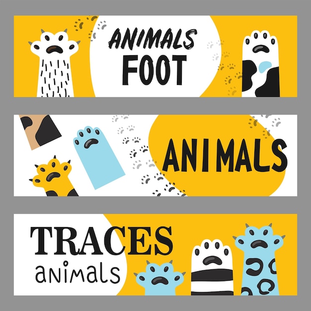 Animals foot banners set. Cat paws and claws  illustrations with text on white and yellow background. Cartoon illustration