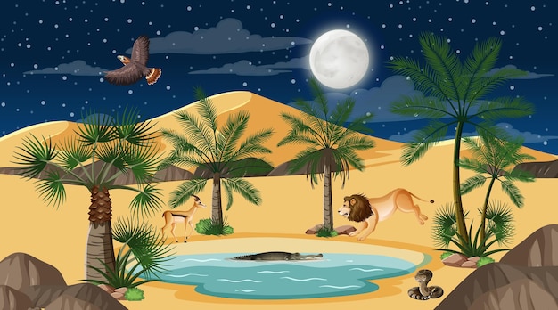 Free Vector animals live in desert forest landscape at night scene