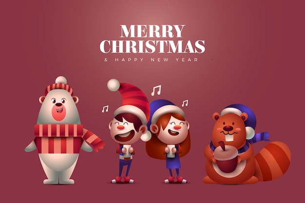 Free Vector animals and singing kids christmas characters