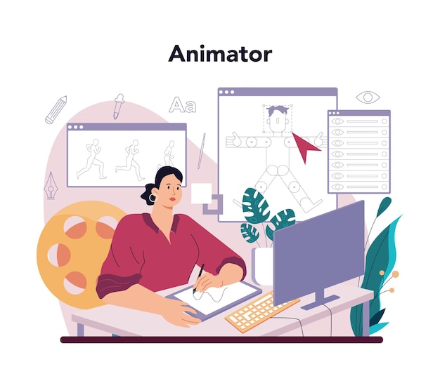 Animation designer Artist creating digital illustrations for web sites and advertising animation Creative profession modern computer technologies Flat vector illustration