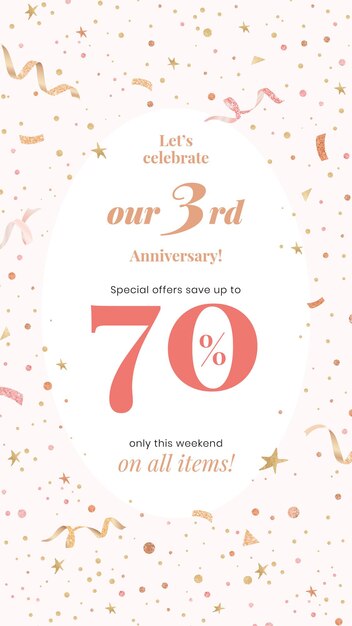 Free vector anniversary sale template with 70% off for social media post