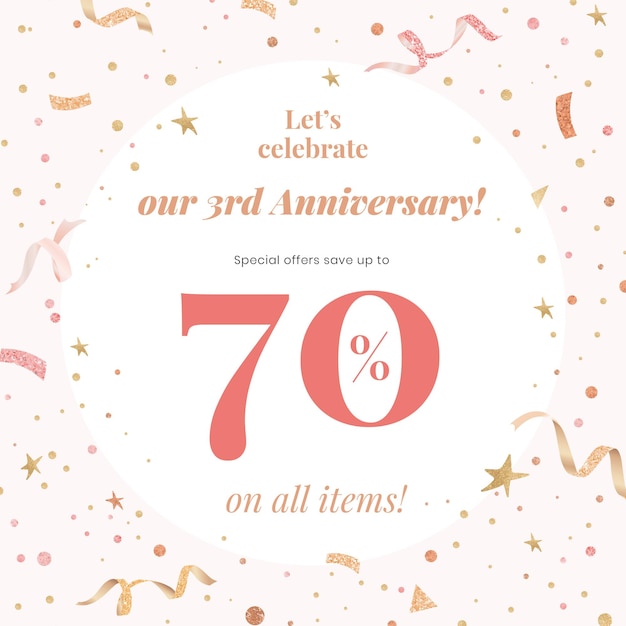 Free Vector anniversary sale template with 70% off for social media post