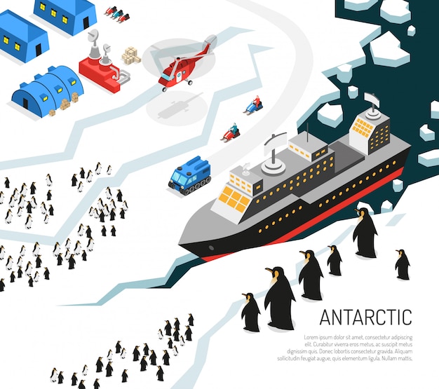 Free vector antarctica icebreaker penguins settlement illustration