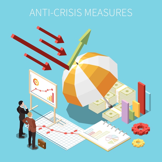 Free Vector anti-crisis measures isometric concept with business management and company financial protection symbols vector illustration