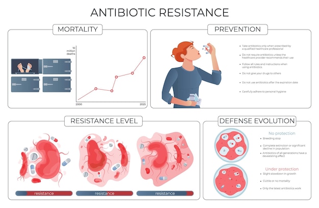 Free Vector antibiotic resistance prevention levels mortality defence evolution flat infographic vector illustration