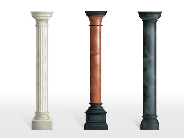 Antique cylindrical columns of white, red and black marble stone with cubical base realistic vector isolated. Ancient architecture, historical or modern building exterior element