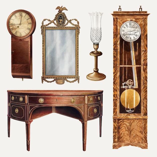 Free Vector antique furniture and decor vector design element set, remixed from public domain collection