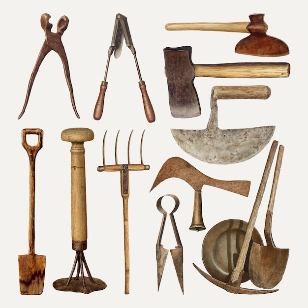 Free Vector antique gardening tools vector design element set, remixed from public domain collection