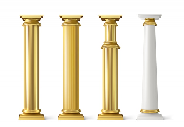 Antique gold pillars set. Ancient golden columns