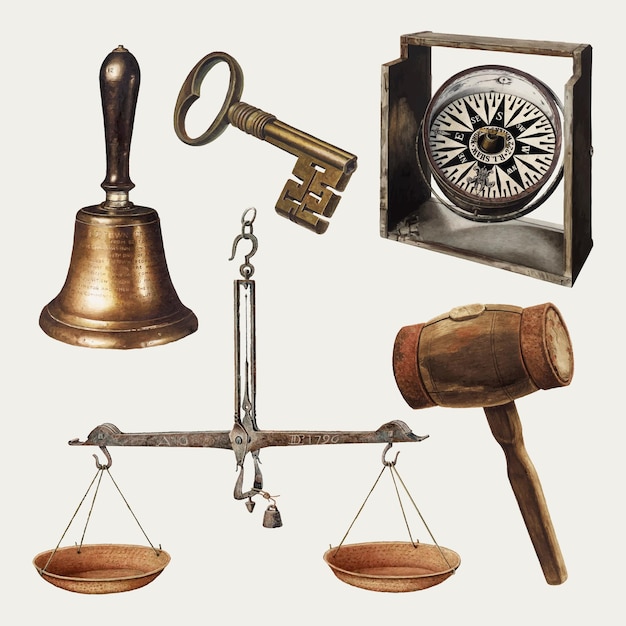 Antique judge&#39;s tools vector design element set, remixed from public domain collection