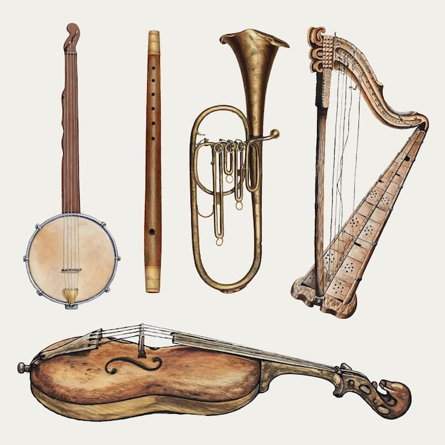 Antique musical instruments vector design element set, remixed from public domain collection