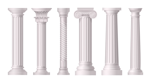 Antique white columns realistic set with different styles of greek architecture