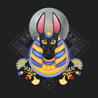 Free vector anubis composition with avatar style image of egyptian god with dogs head flowers and geometrical ornaments vector illustration