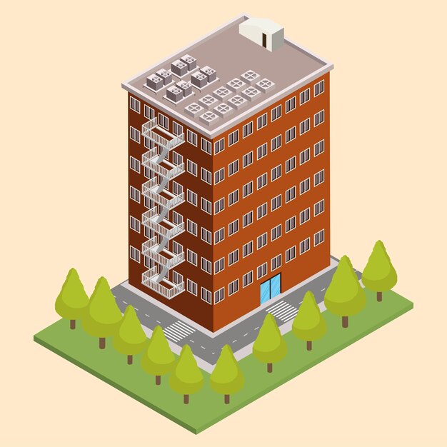 apartaments building and trees isometric