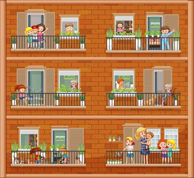 Apartment windows with neighbors cartoon character