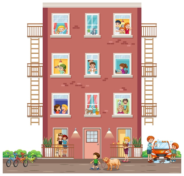 Free Vector apartment windows with neighbors cartoon character