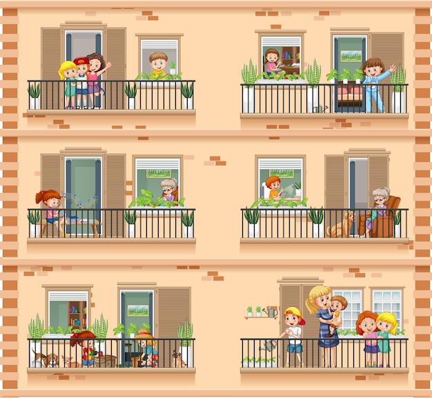 Apartment windows with neighbors cartoon character