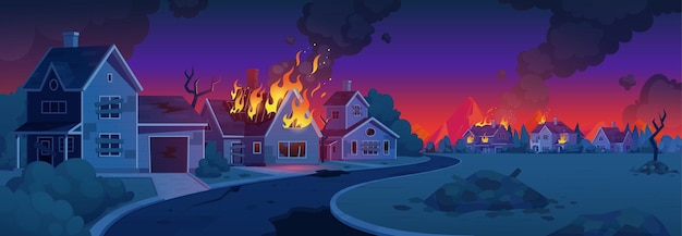 Free vector apocalypse city road with fire building cartoon