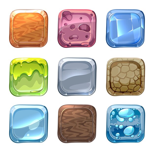 App vector icons with different textures in cartoon style. Ui stone