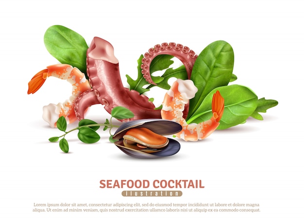 Appetizing seafood cocktail ingredients closeup realistic composition poster with shrimps octopus tentacles mussel basil leaves