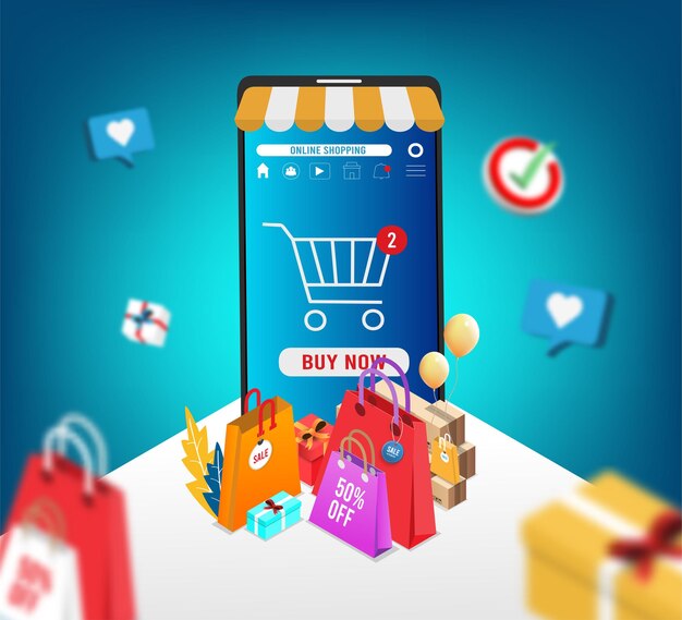 Application smartphone mobile and computer payments online transaction Shopping online process on smartphone Vecter cartoon illustration isometric design