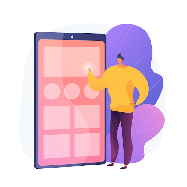 Application testing. UX designer, smartphone interface, portable electronics. Male cartoon character organizing apps on mobile phone screen.