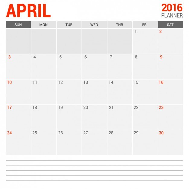 April Monthly Calendar 2016