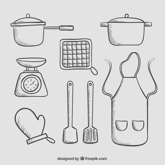 Free Vector apron and hand-drawn kitchen utensils pack 