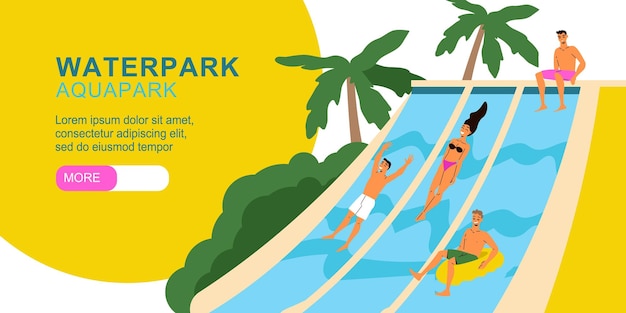 Free Vector aquapark flat horizontal banner with people getting fun on water slides vector illustration