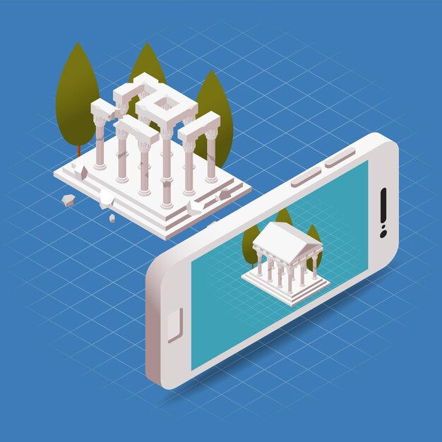 AR building isometric composition phone pointed at the destroyed object using special application recreates the building vector illustration