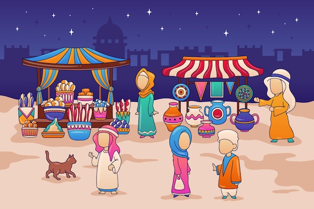 Free Vector arab bazaar illustration with merchants and customers