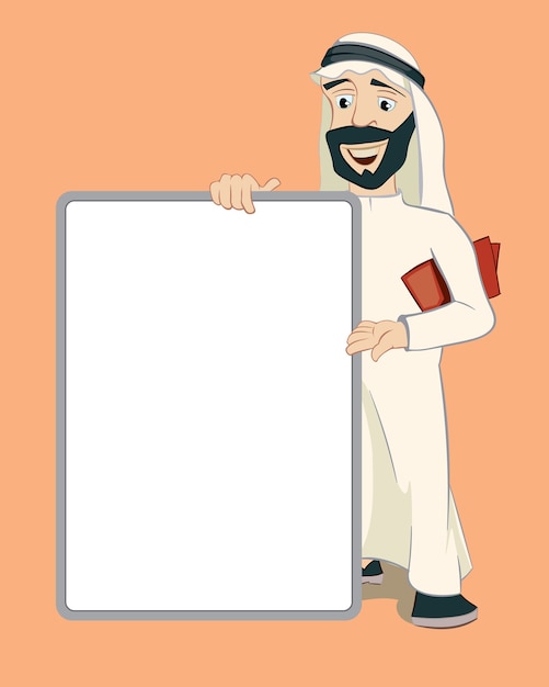 Free Vector arab businessman holding upright empty white poster. cartoon character. person islam, notice and business