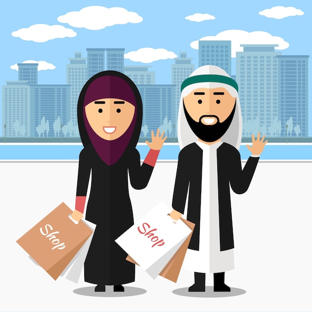 Free Vector arab couple shopping. woman and man with bag, happy and smiling lifestyle, vector illustration