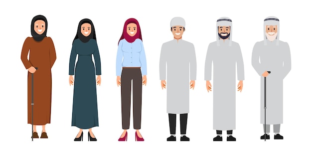  arab family and muslim people and saudi cartoon man and woman