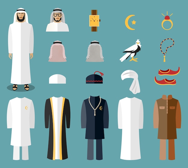 Free vector arab man clothes and accessories. arab cloth, traditional cloth, arabic islam cloth. vector illustration