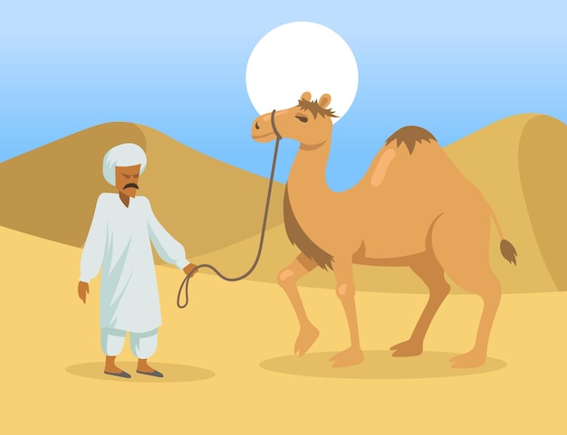 Arab man with one hump camel in desert