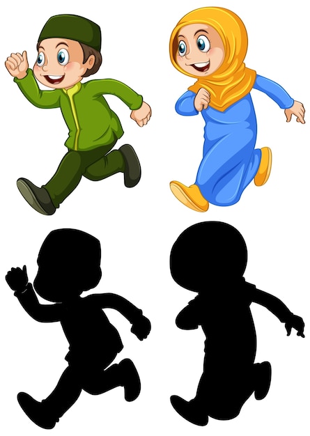 Free Vector arab muslim boy and girl in traditional clothing in color and silhouette isolated on white background