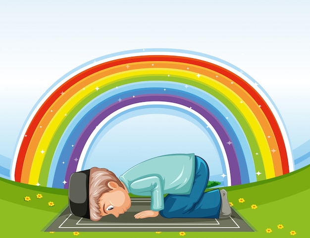 Arab muslim boy in traditional clothing praying on rainbow background