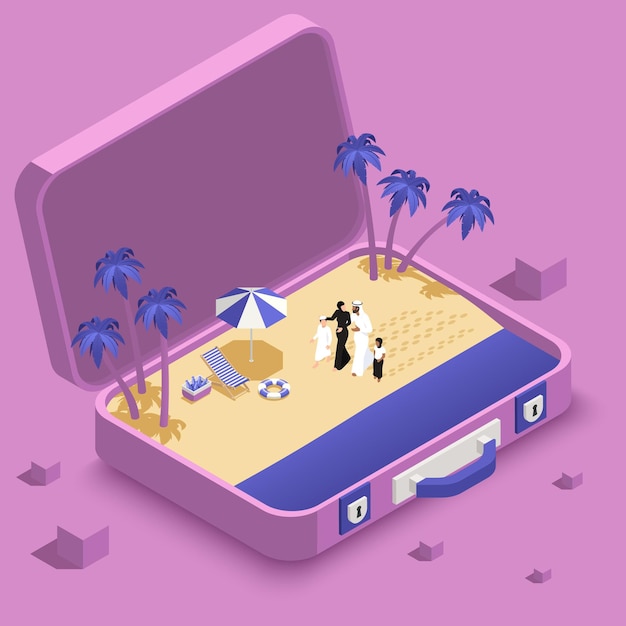 Arab muslims saudi modern isometric people composition with suitcase and beach coastline with walking family members vector illustration