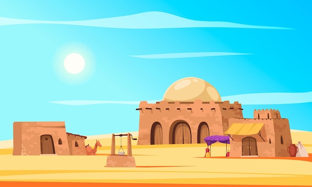 Free vector arabic city cartoon poster with traditional desert town buildings vector illustration