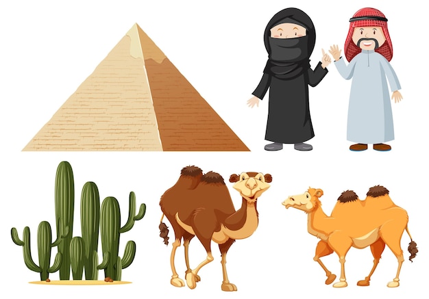 Free Vector arabic people with camels and cactus plant