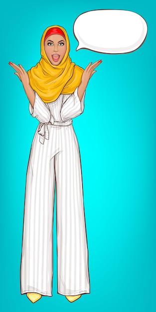 Free Vector arabic woman dressed in hijab and striped jumpsuit shocked cartoon illustration