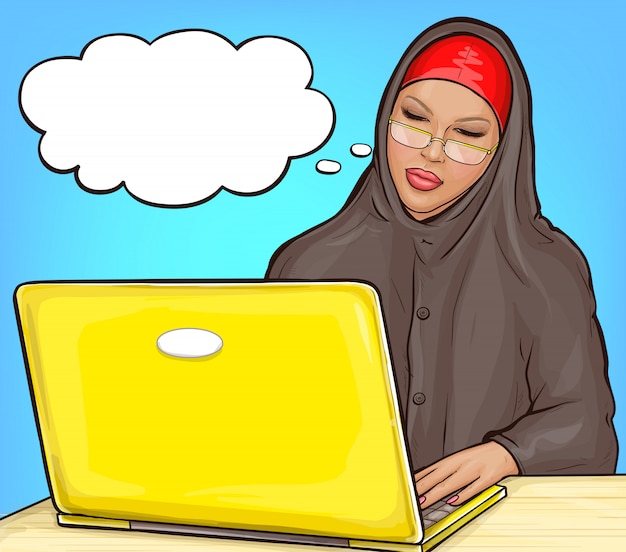 Free Vector arabic woman in hijab with laptop