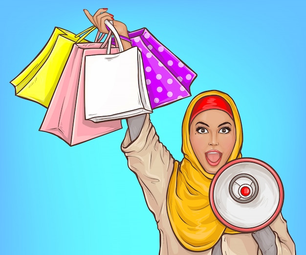 Arabic woman in hijab with loud speaker and shopping bags cartoon illustration