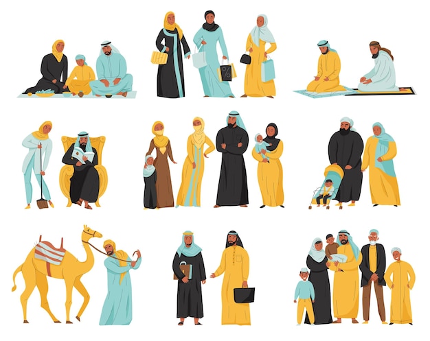 Free Vector arabs family icon set with different people and family children parents and animals vector illustration